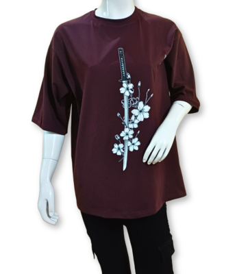 Sword Print Maroon Oversized T-Shirt