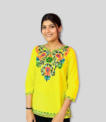 Yellow Short Kurti For Women With Beautiful Floral Design Neckline