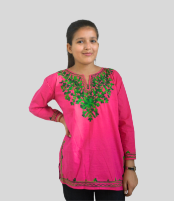 Pink Short Kurti For Women With Beautiful Floral Design Neckline