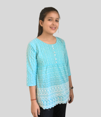 Blue Round Neck Embroidered Cotton Top | Casual Wear