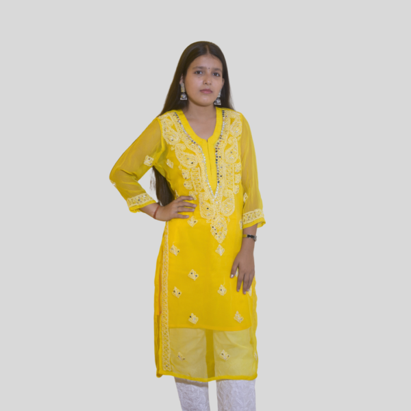 YELLOW COLOR LUCKNOWI CHIKAN KURTI