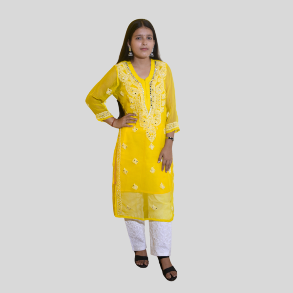 YELLOW COLOR LUCKNOWI CHIKAN KURTI