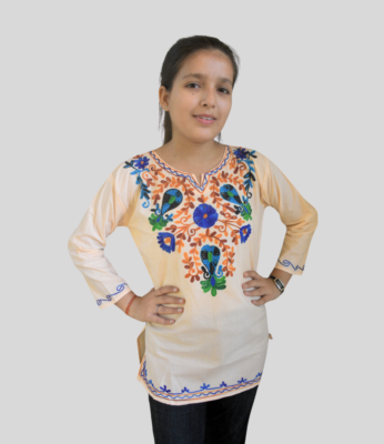 White Short Kurti For Women With Beautiful Floral Design Neckline