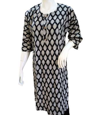 Black Cotton Kurti With Leaf Print For Women